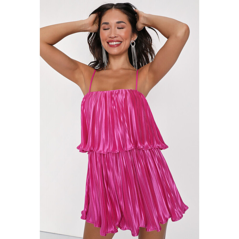 Lulus Fun Flirt Hot Pink Satin Plisse Sleeveless Romper